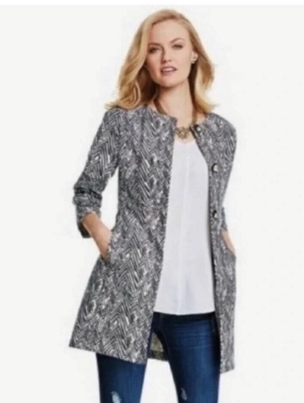 CAbi Womens Gray Patterned Open-Front Coat